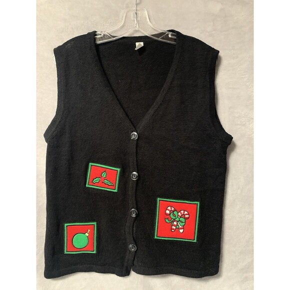 VINTAGE CHRISTMAS Sweater Vest Women's Large Holly Candy Cane Button Up Ornament - Picture 6 of 10
